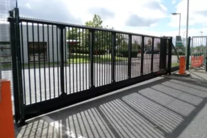 An electric gate at the entrance to an office building in Houston, Texas