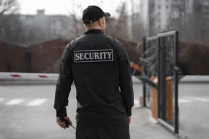 Security guard in the school parking lot, entrance through access control electric gate.